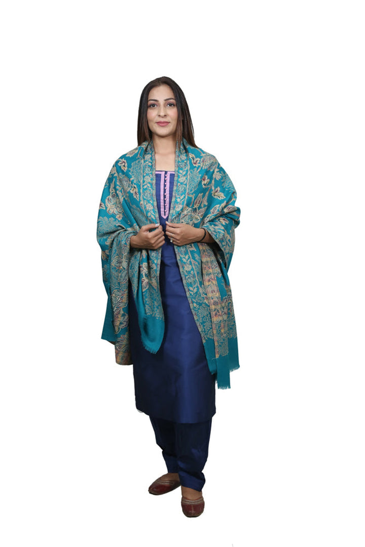 Teal Blue Jamawar Shawl In Merino Wool