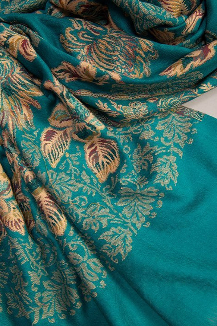 Teal Blue Jamawar Shawl In Merino Wool