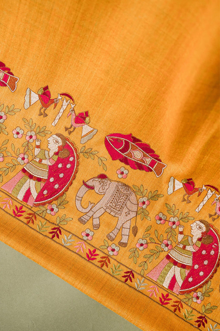 Mithila Embroidery Unstitched Suit With Pallu Border Dupatta