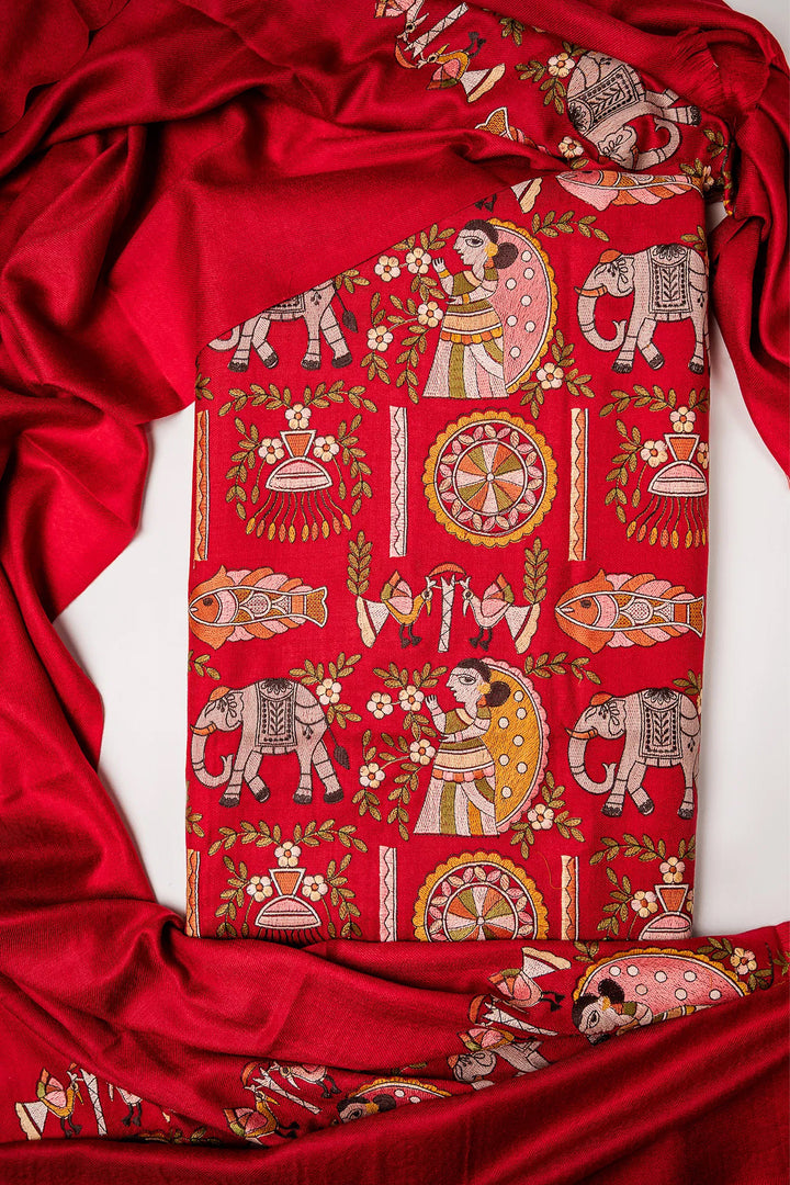 Mithila Embroidery Unstitched Suit With Pallu Border Dupatta