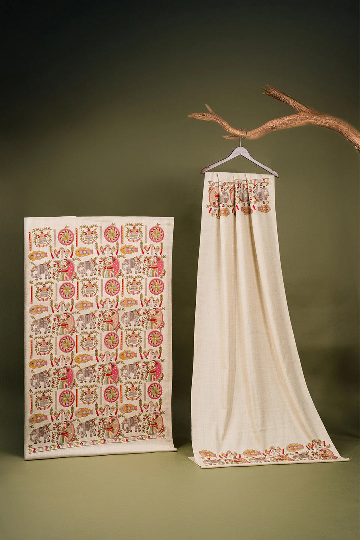 Mithila Embroidery Unstitched Suit With Pallu Border Dupatta