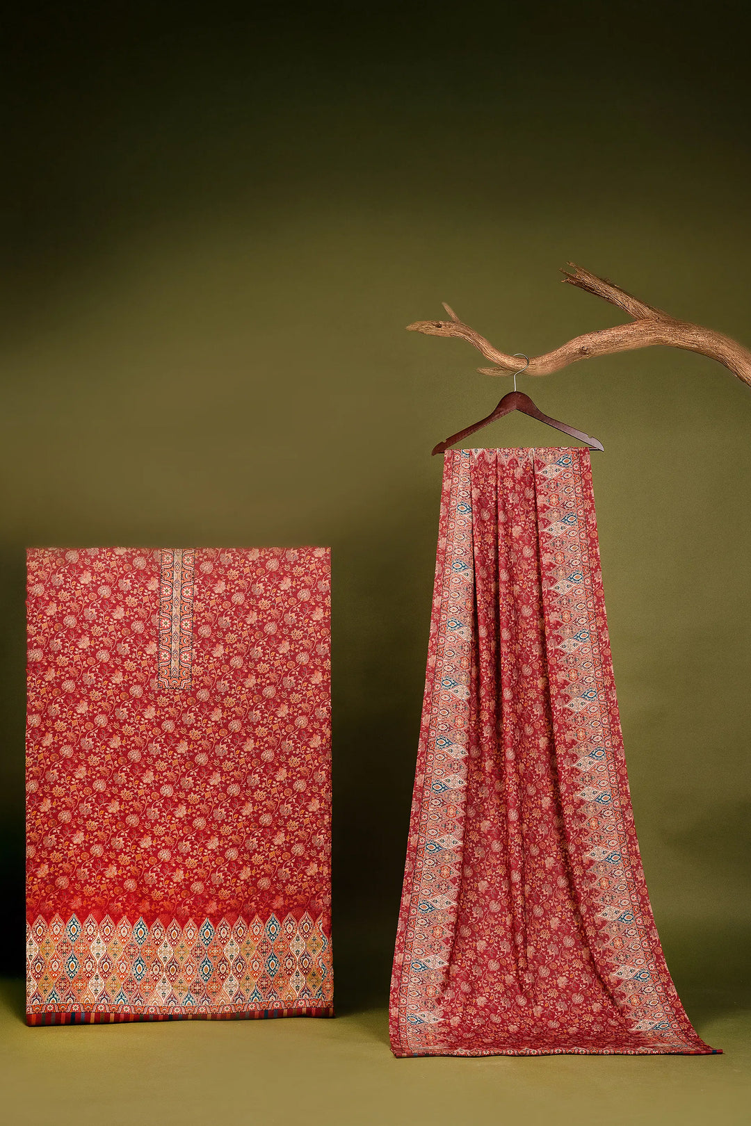 Floral Panel Style Unstitched Suit With Reversible Dupatta