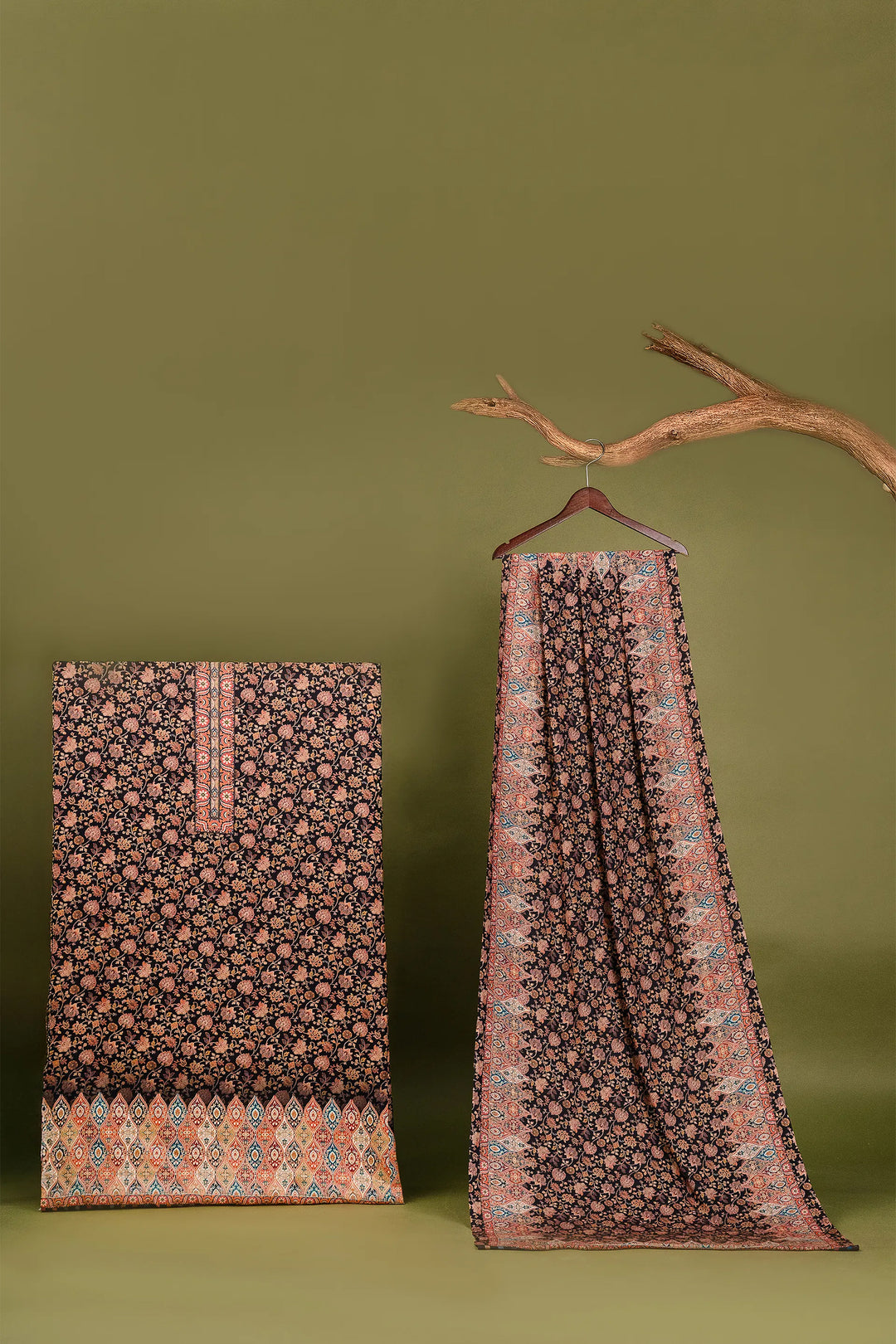 Floral Panel Style Unstitched Suit With Reversible Dupatta