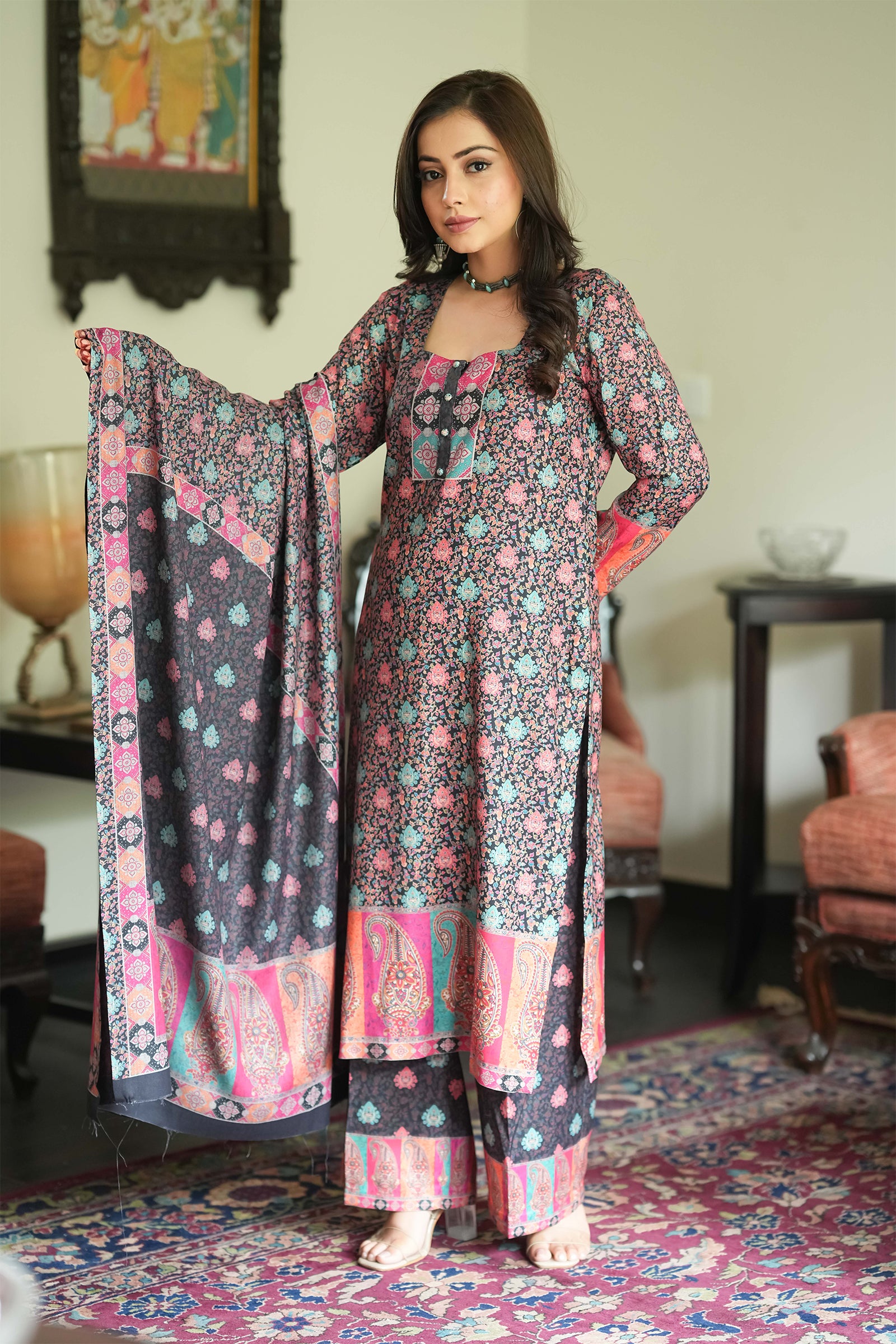 All Over Butti Style Unstitched Suit With Reversible Dupatta